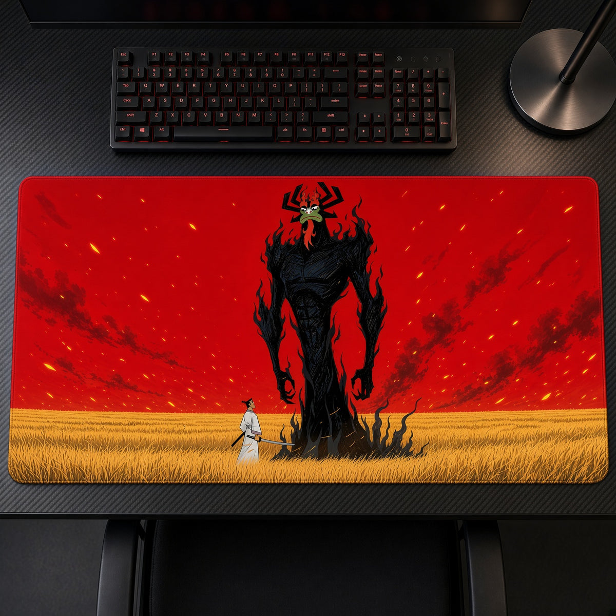 Aku Samurai Jack Playmat on a gaming desk, top-down view