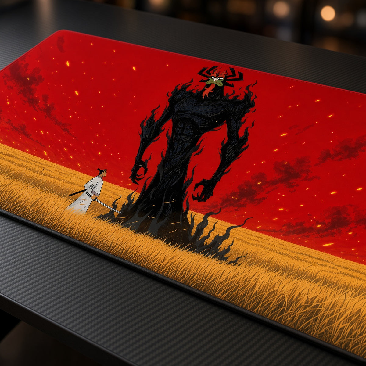Aku Samurai Jack Playmat at an angle with keyboard and mouse