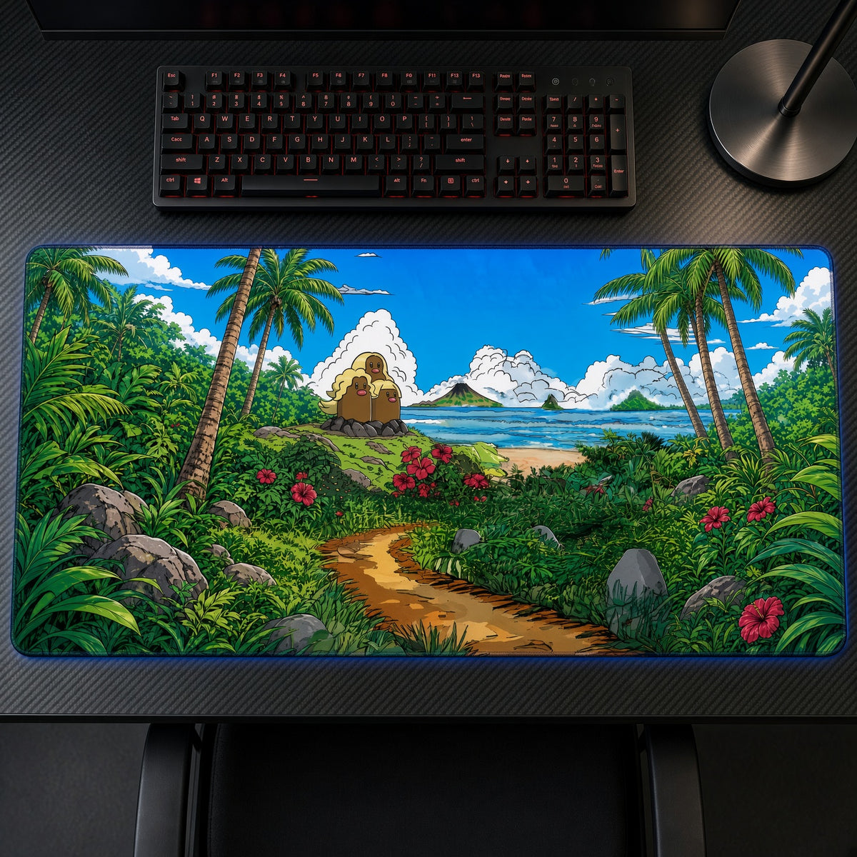 Alolan Dugtrio Jungle Path Pokémon Playmat on a gaming desk, top-down view