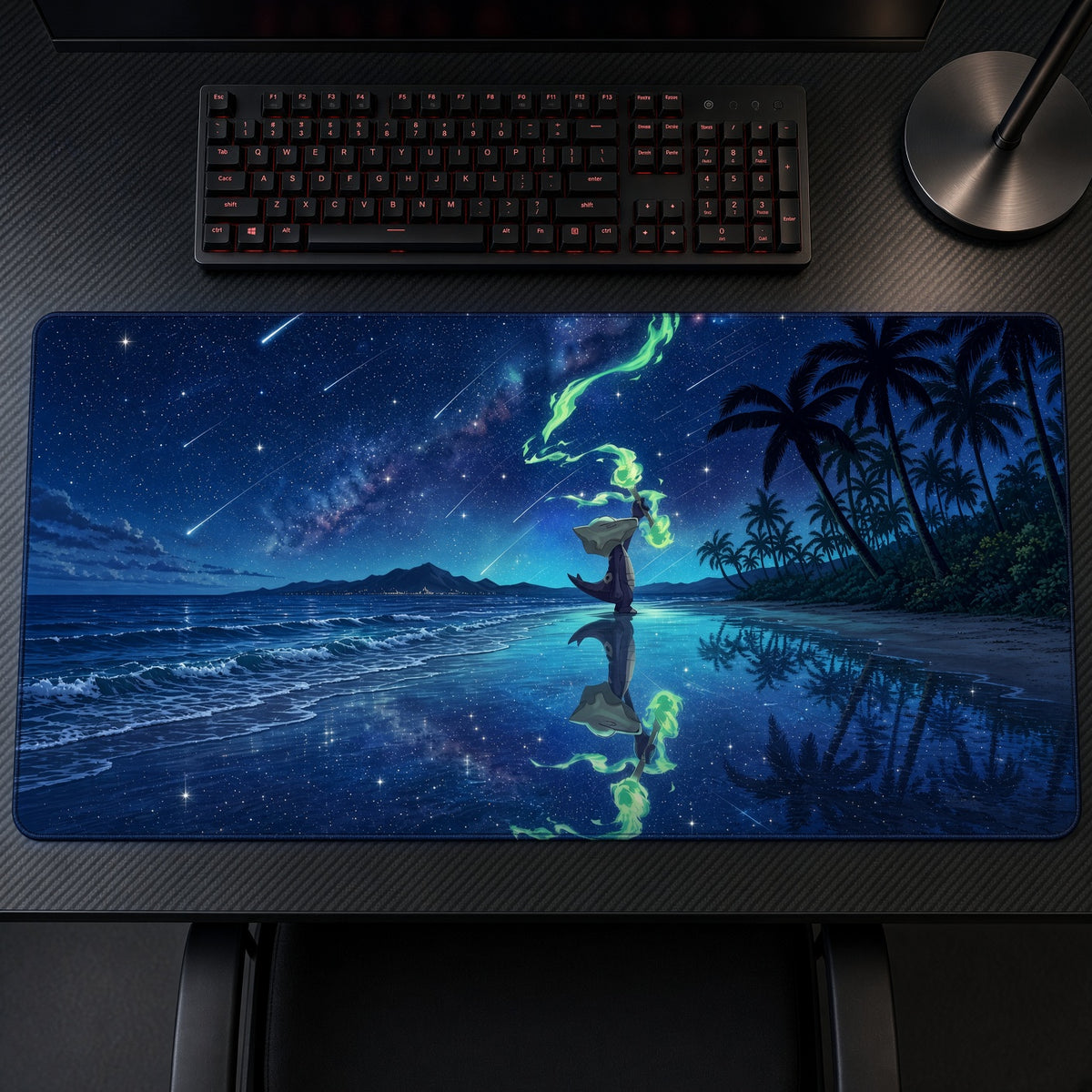 Alolan Marowak Starry Beach Pokémon Playmat on a gaming desk, top-down view