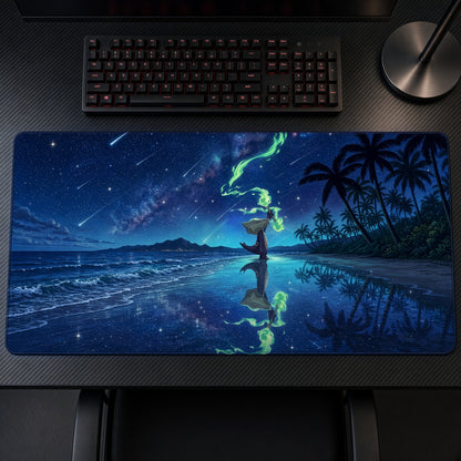 Alolan Marowak Starry Beach Pokémon Playmat on a gaming desk, top-down view