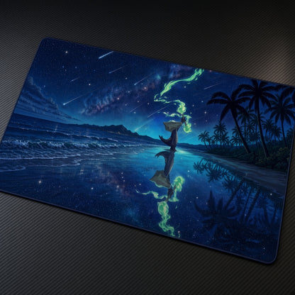 Alolan Marowak Starry Beach Pokémon Playmat at an angle with keyboard and mouse
