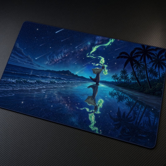Alolan Marowak Starry Beach Pokémon Playmat at an angle with keyboard and mouse