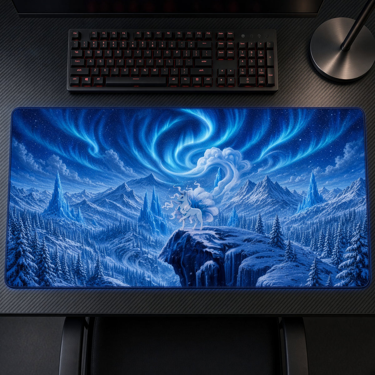 Alolan Ninetales Aurora Mountains Pokémon Playmat on a gaming desk, top-down view