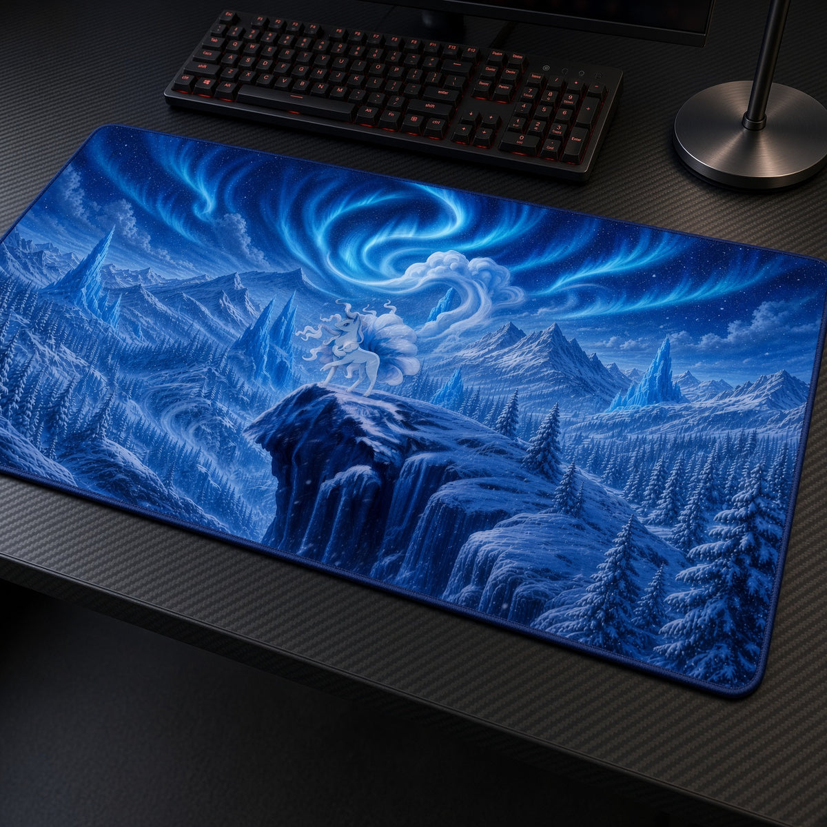Alolan Ninetales Aurora Mountains Pokémon Playmat at an angle with keyboard and mouse