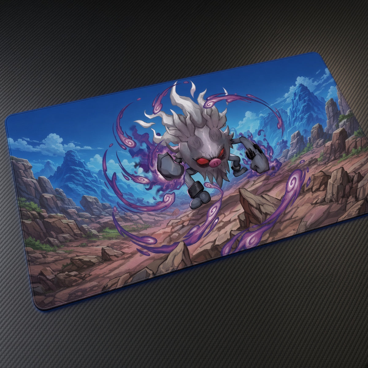 Annihilape Mountain Valley Pokémon Playmat at an angle on a gaming desk