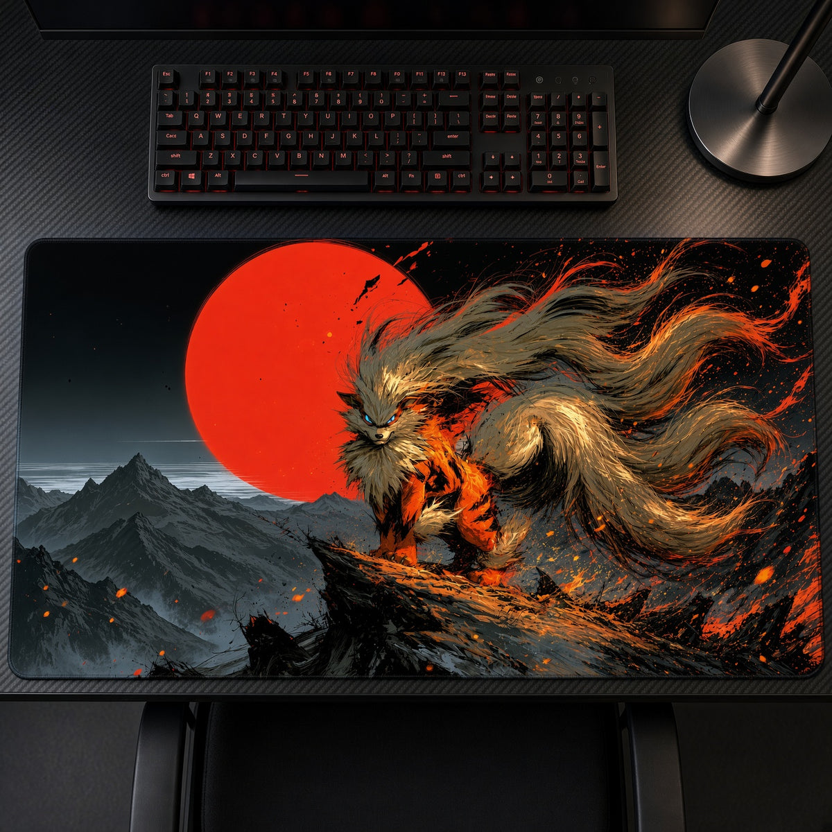 Arcanine Red Sun Pokémon Playmat on a gaming desk, top-down view