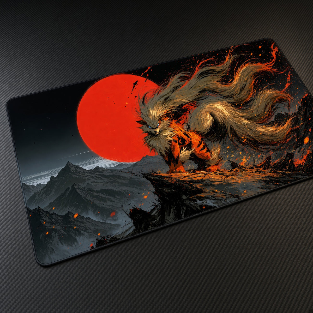 Arcanine Red Sun Pokémon Playmat at an angle on a gaming desk