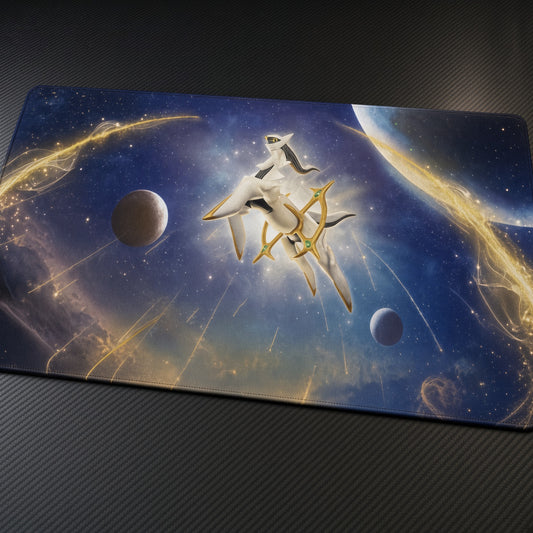 Arceus Alpha Genesis playmat at an angle on a gaming desk