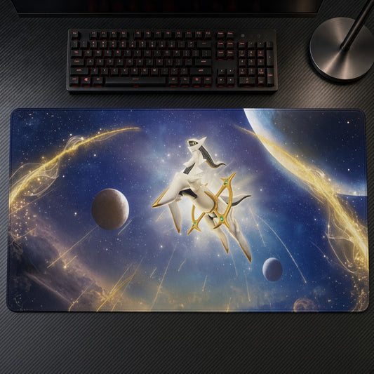 Arceus Alpha Genesis playmat on a gaming desk, top-down view