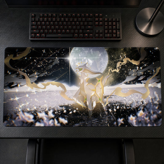 Arceus Judgement Day playmat on a gaming desk, top-down view