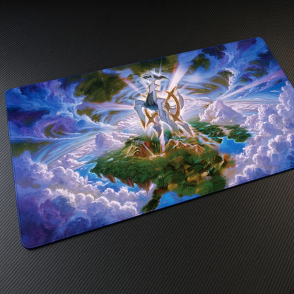 Arceus Sky Island Pokémon Playmat at an angle on a gaming desk