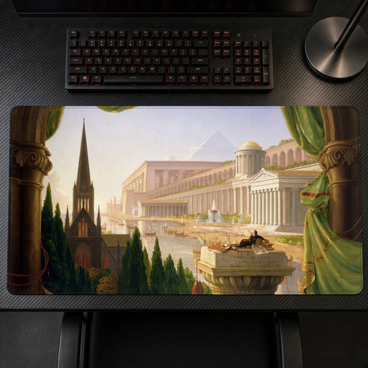 Architect’s Dream Thomas Cole Playmat on a gaming desk, top-down view