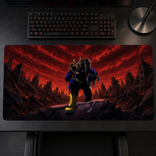 Armored Warrior Red Hellscape Playmat on a gaming desk, top-down view