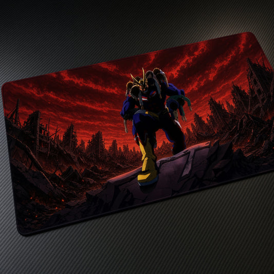 Armored Warrior Red Hellscape Playmat at an angle on a gaming desk