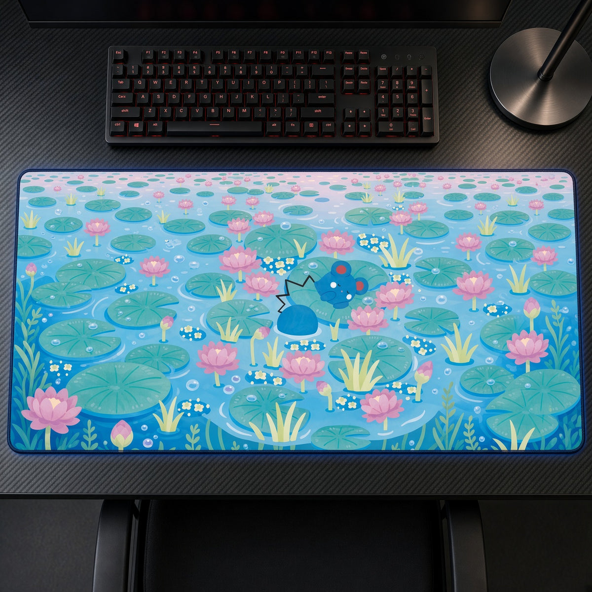 Azurill Lily Pond Pokémon Playmat on a gaming desk, top-down view