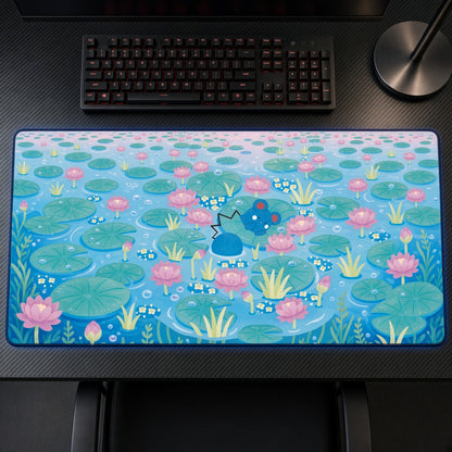 Azurill Lily Pond Pokémon Playmat on a gaming desk, top-down view