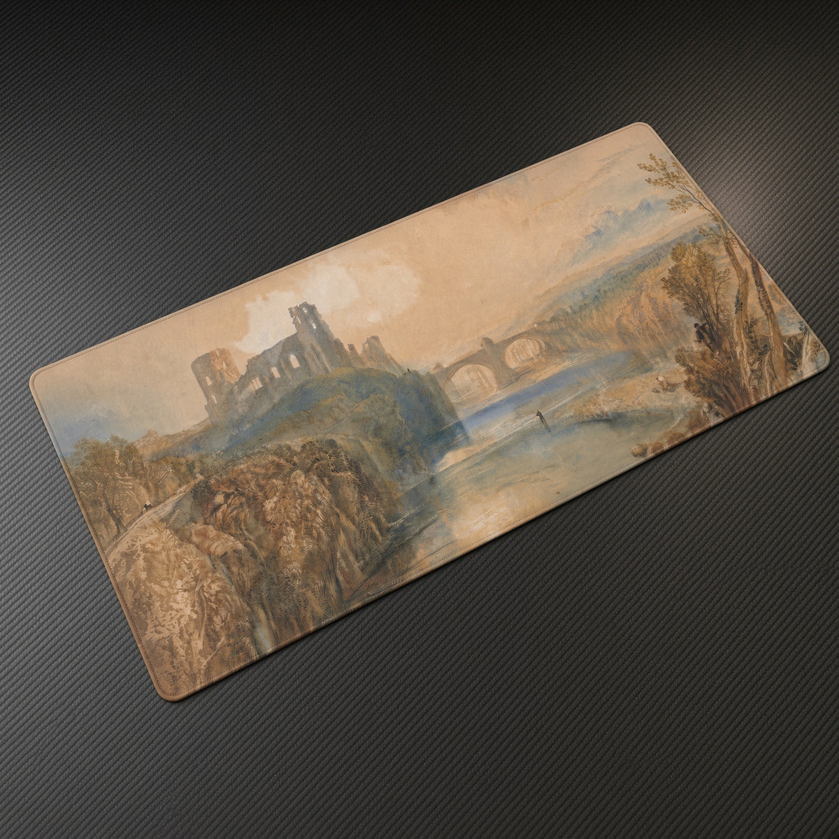 Barnard Castle J. M. W. Turner Playmat at an angle on a gaming desk