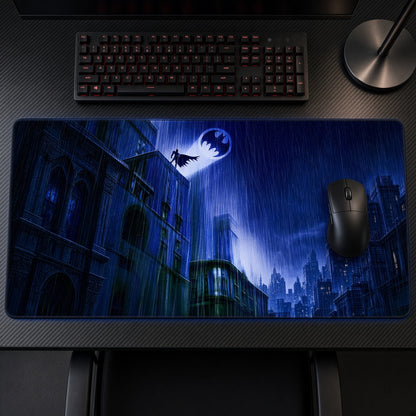 Batman Bat-Signal Gotham Rain DC Playmat on a gaming desk, top-down view