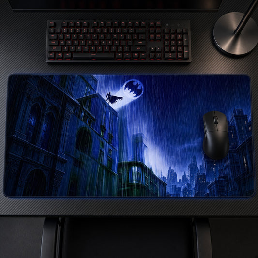 Batman Bat-Signal Gotham Rain DC Playmat on a gaming desk, top-down view