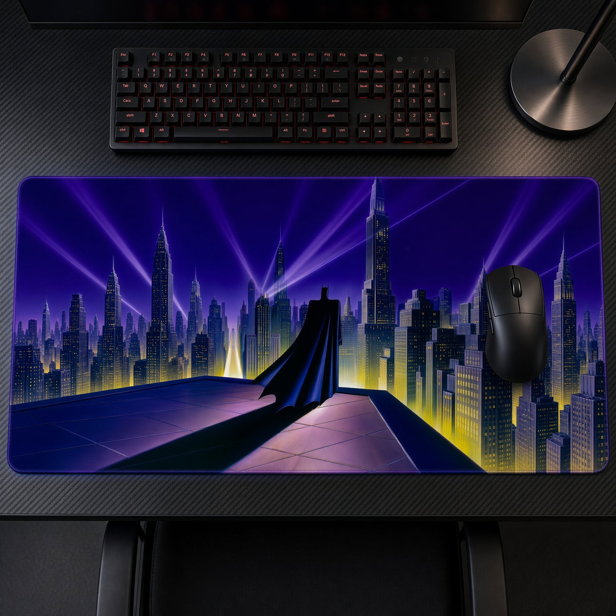 Batman Gotham Skyline DC Playmat on a gaming desk, top-down view