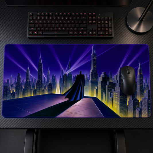 Batman Gotham Skyline DC Playmat on a gaming desk, top-down view