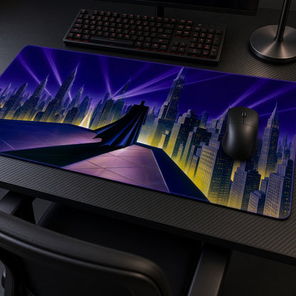 Batman Gotham Skyline DC Playmat at an angle with keyboard and mouse