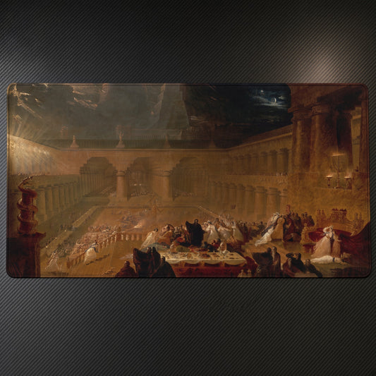 Belshazzar's Feast John Martin Playmat on a gaming desk, top-down view