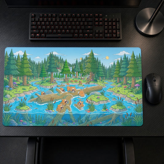 Bidoof River Forest Pokémon Playmat on a gaming desk, top-down view