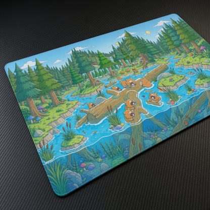 Bidoof River Forest Pokémon Playmat at an angle with keyboard and mouse