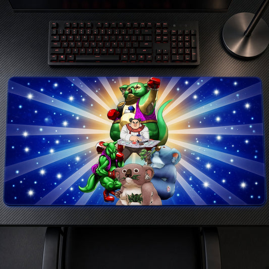 Big Koala and Des Kangaroo Yu-Gi-Oh! Playmat on a gaming desk, top-down view
