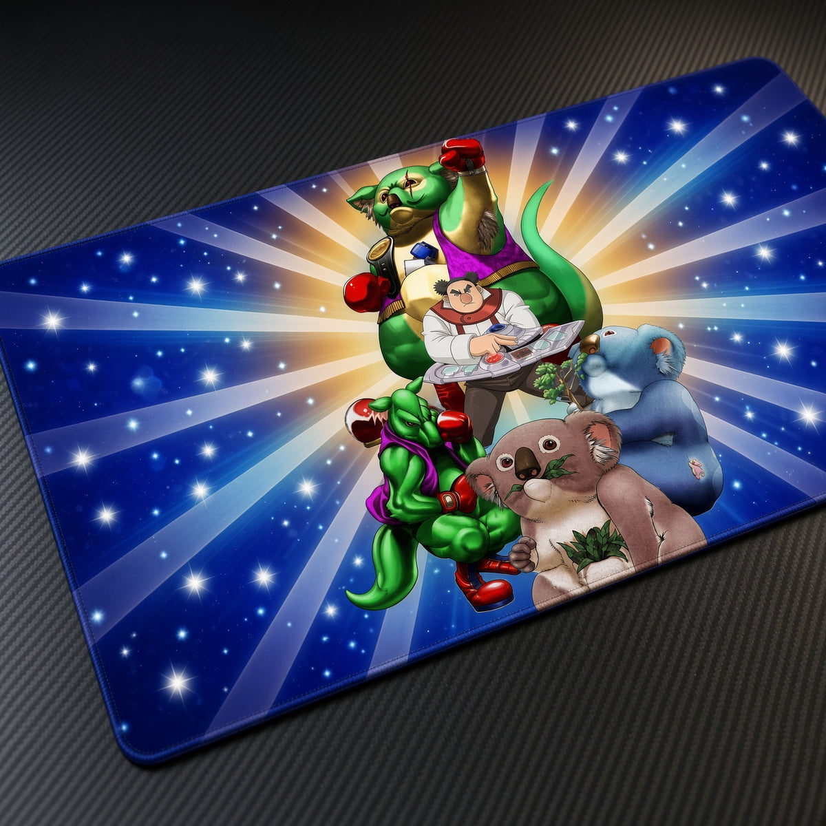 Big Koala and Des Kangaroo Yu-Gi-Oh! Playmat at an angle on a gaming desk