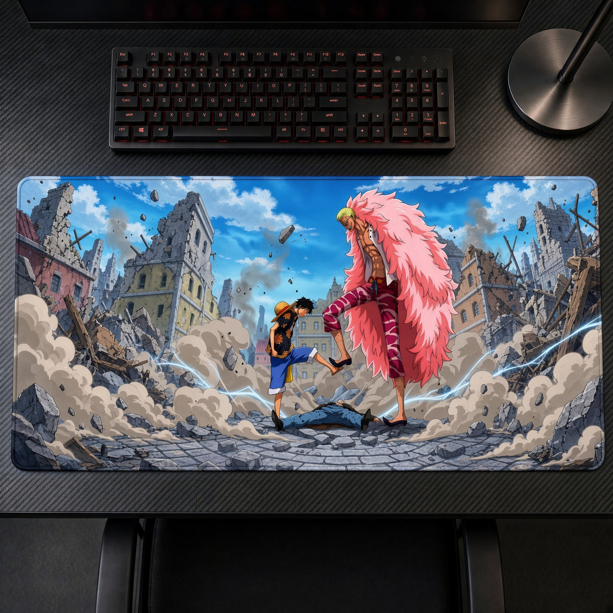 Big Mom Ruined Town One Piece Playmat on a gaming desk, top-down view