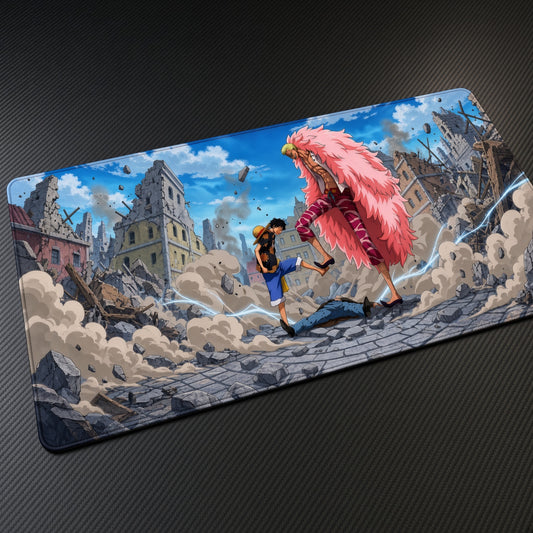 Big Mom Ruined Town One Piece Playmat at an angle on a gaming desk