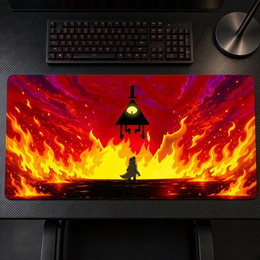 Bill Cipher Inferno Gravity Falls Playmat on a gaming desk, top-down view