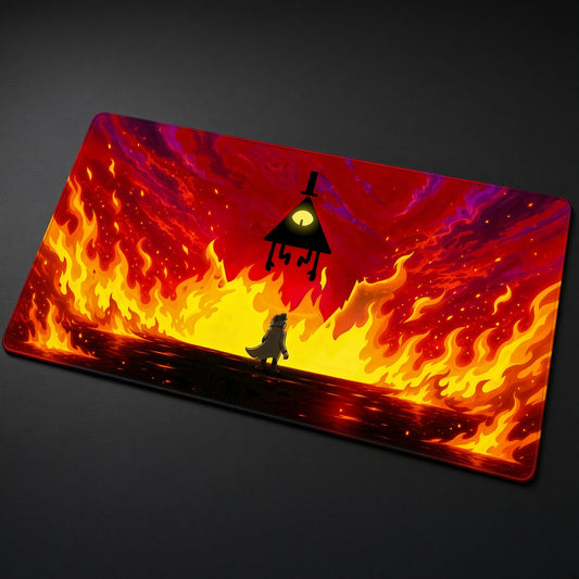 Bill Cipher Inferno Gravity Falls Playmat at an angle on a gaming desk