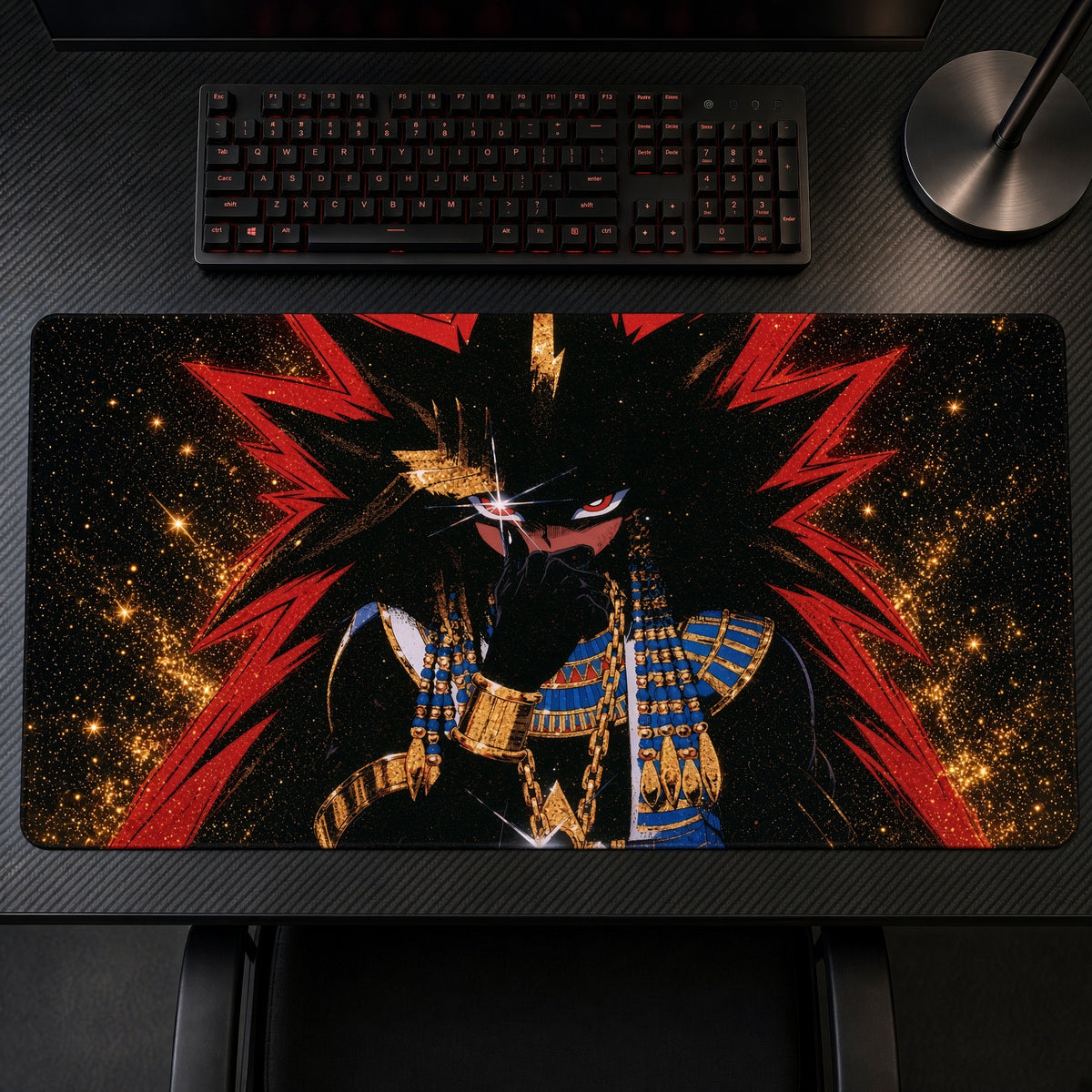 Black and Red Spiky Pharaoh Warrior Playmat on a gaming desk, top-down view