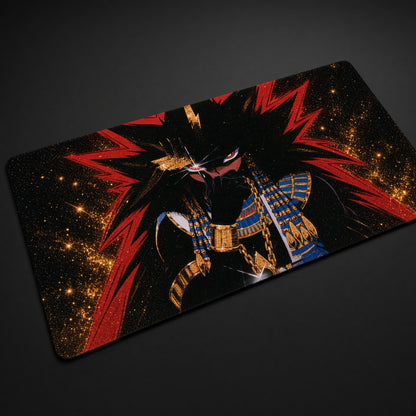 Black and Red Spiky Pharaoh Warrior Playmat at an angle on a gaming desk