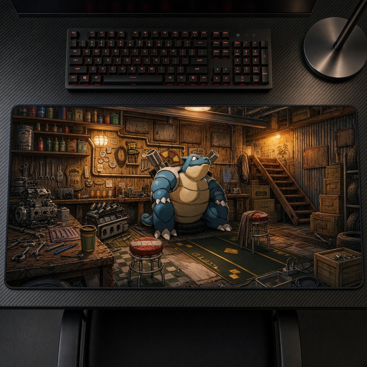 Blastoise Workshop Garage Pokémon Playmat on a gaming desk, top-down view