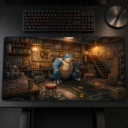 Blastoise Workshop Garage Pokémon Playmat on a gaming desk, top-down view