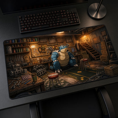 Blastoise Workshop Garage Pokémon Playmat at an angle with keyboard and mouse