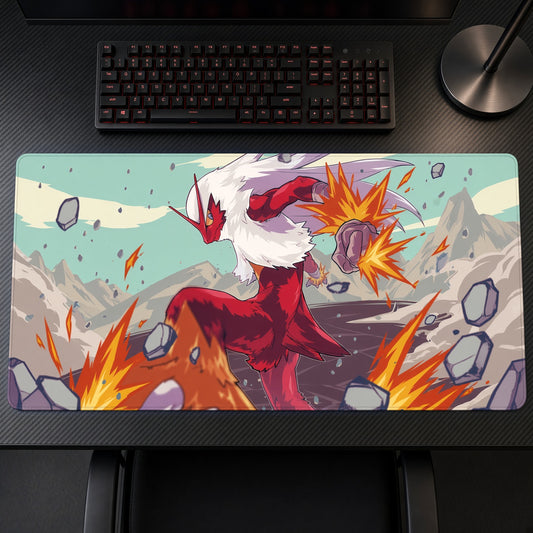 Blaziken Fire Kick Pokémon Playmat on a gaming desk, top-down view