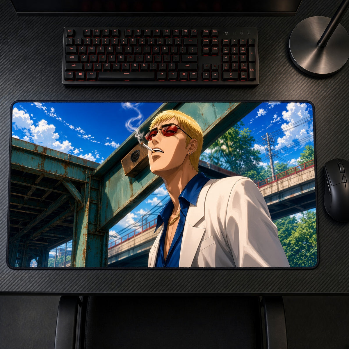 Blonde Man White Suit City Anime Playmat on a gaming desk, top-down view