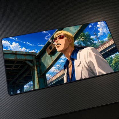 Blonde Man White Suit City Anime Playmat at an angle on a gaming desk