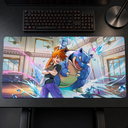 Blue & Blastoise Rival Pokémon Playmat on a gaming desk, top-down view