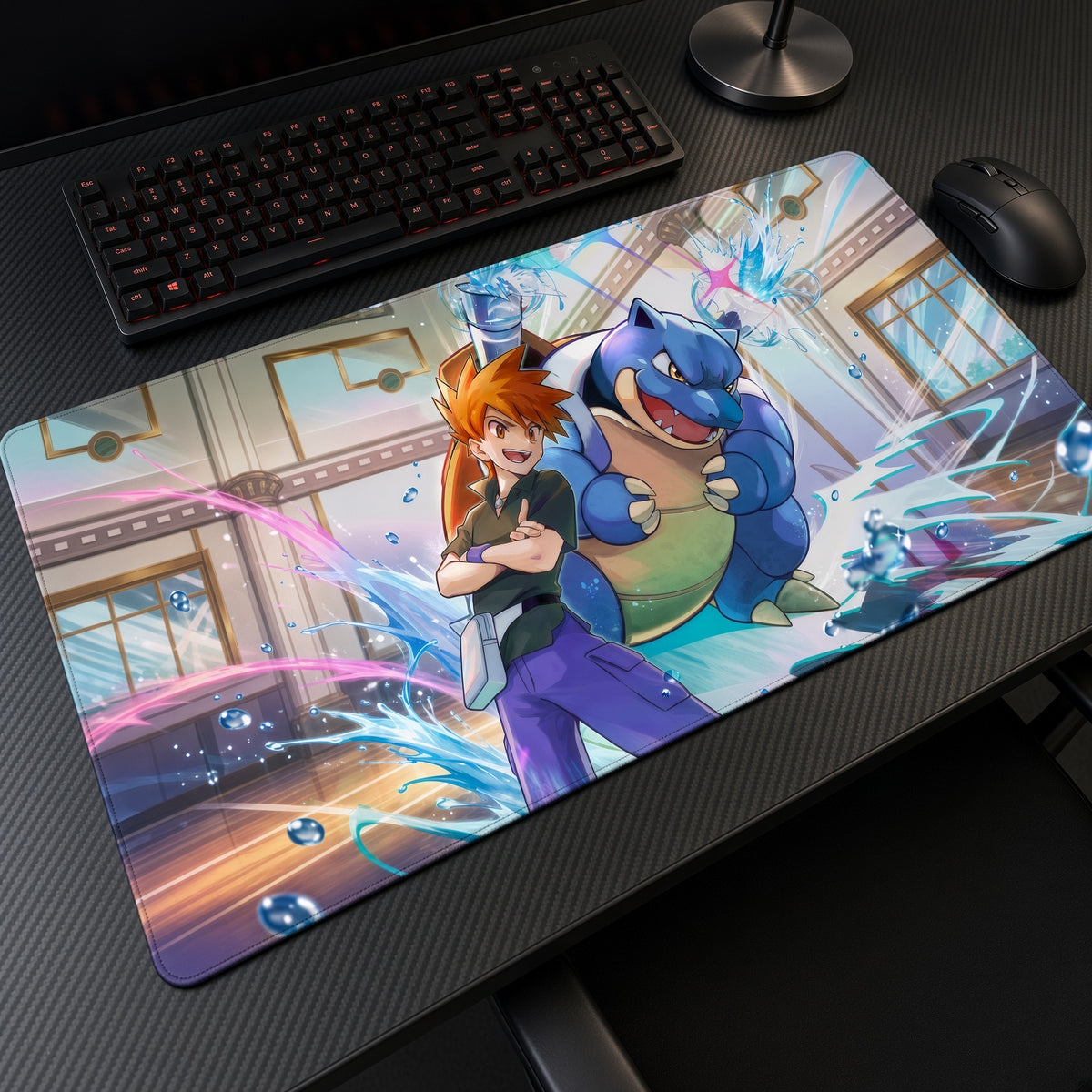 Blue & Blastoise Rival Pokémon Playmat at an angle with keyboard and mouse