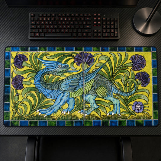 Blue Dragon William De Morgan Playmat on a gaming desk, top-down view