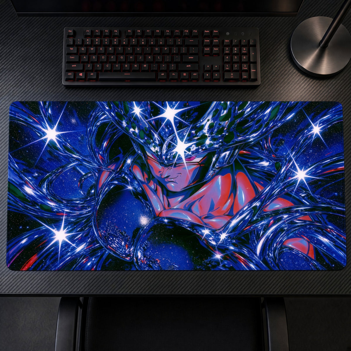 Blue Starburst Creature Abstract Playmat on a gaming desk, top-down view