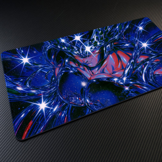 Blue Starburst Creature Abstract Playmat at an angle on a gaming desk