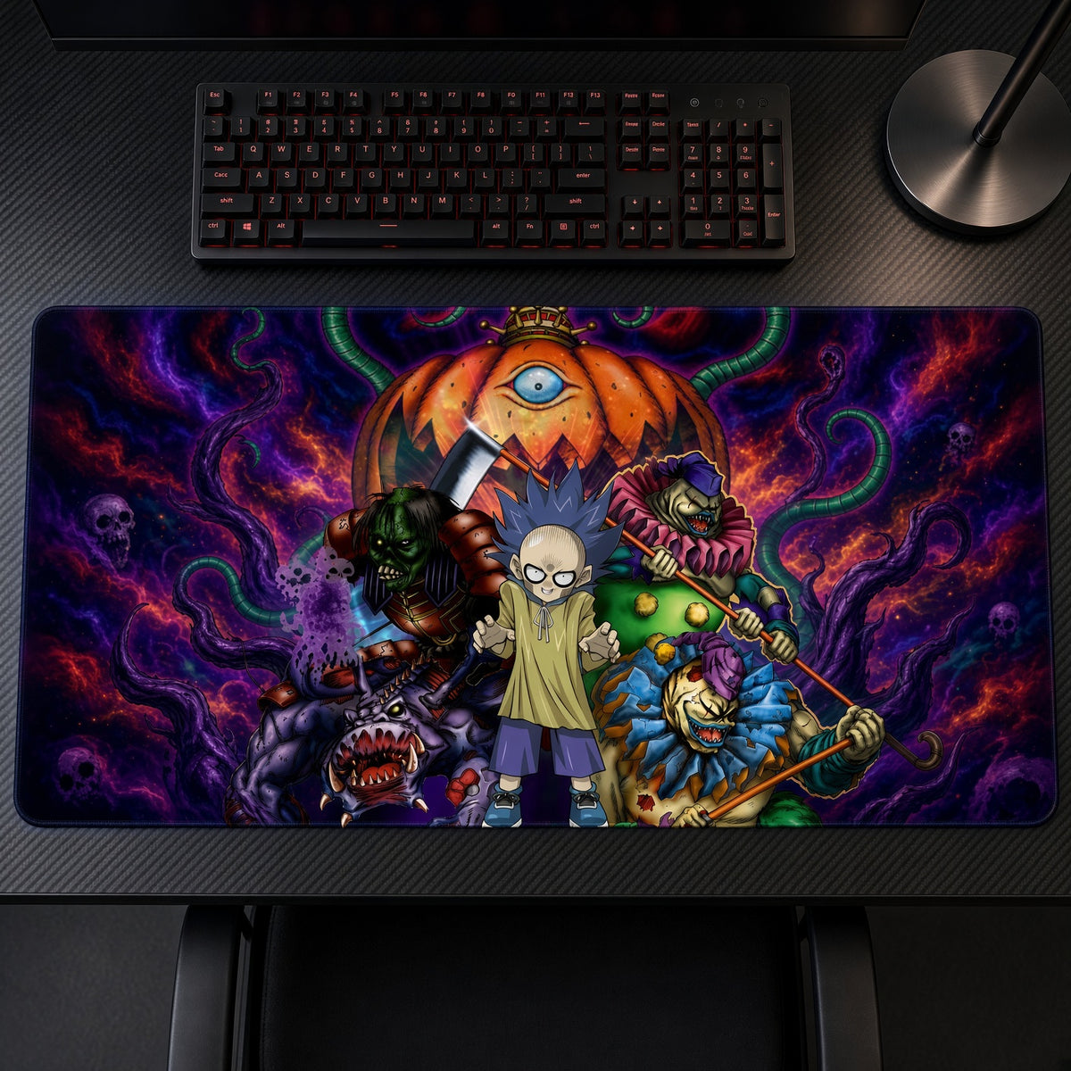 Bonz Zombie Monsters Yu-Gi-Oh! Playmat on a gaming desk, top-down view